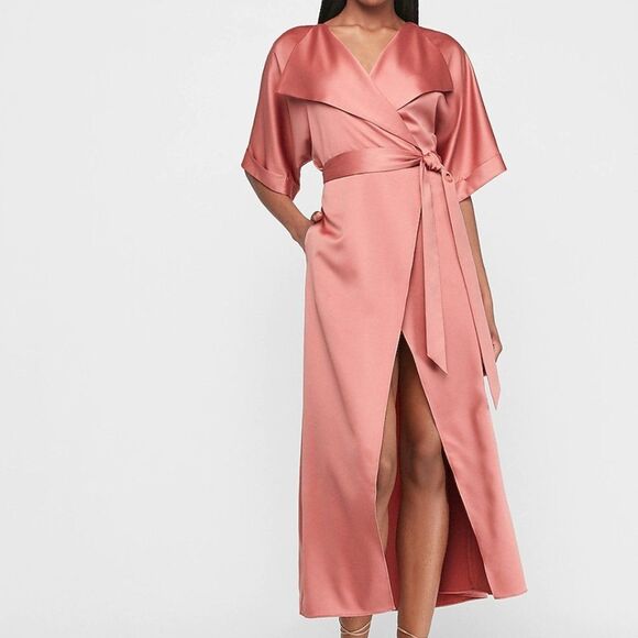 Express Satin Wrap Midi Dress in Rose Pink - Picture 11 of 11